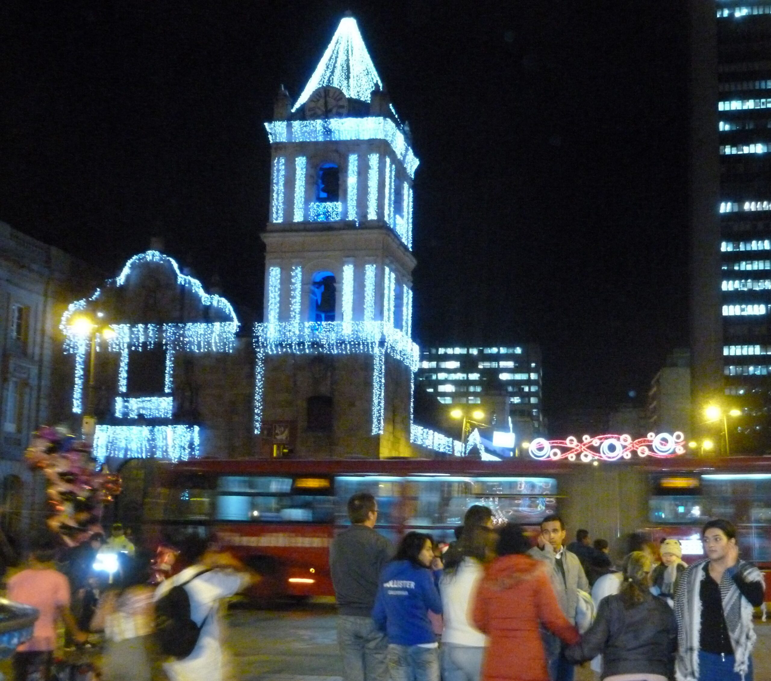 Bogotá church One of downtown Bogotá's churches at night, adorned with Christmas lights.