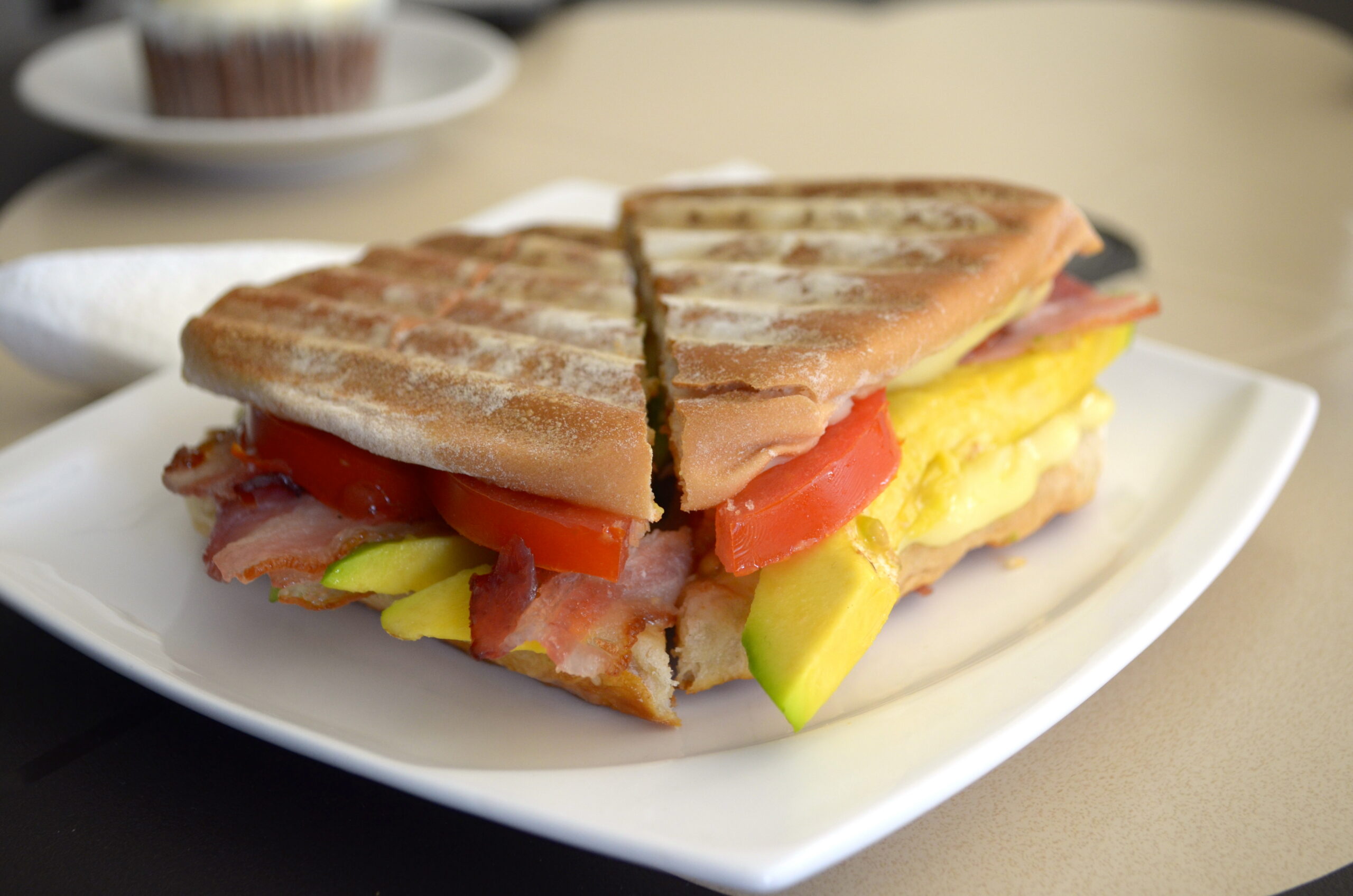 Panini Bacon, avocado, tomato and mozzarella cheese panini. 5,000 ($2.65)