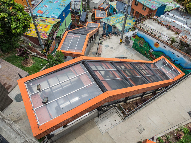 Overhead view of the escalators