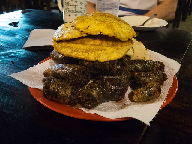 Morcilla Morcilla (blood sausage) and patacones (fried plantains)