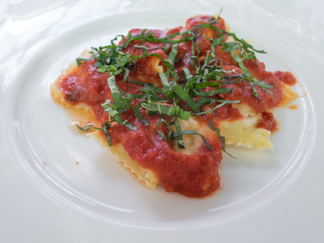 Ravioli Ravioli with serrano ham, feta cheese and onion marmelade