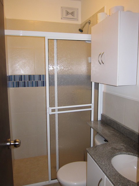 The bathrooms are cleaned regularly by the building's housekeeper. The bathrooms are cleaned regularly by the building's housekeeper.