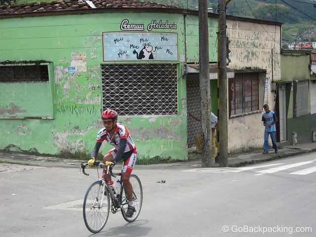 Colombian cyclist A Colombian cyclist makes his way through a town in the Coffee Region