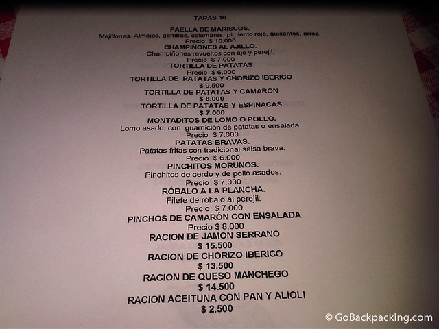 A page from the Tapas 10 menu A page from the Tapas 10 menu