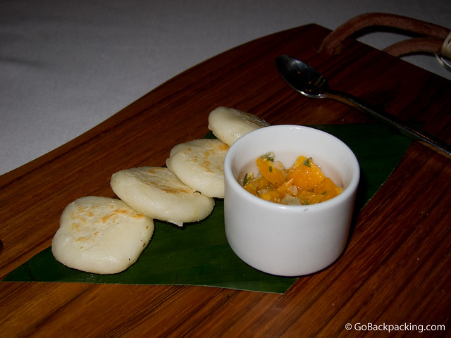 Complimentary arepas with fresh salsa. Complimentary arepas with fresh salsa.