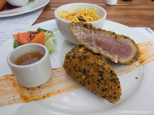 Jerk tuna Jerk tuna with citric sauce, spicy noodles, and salad