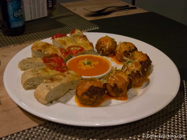 Appetizers: meatballs and cheese bread Appetizers: meatballs and cheese bread