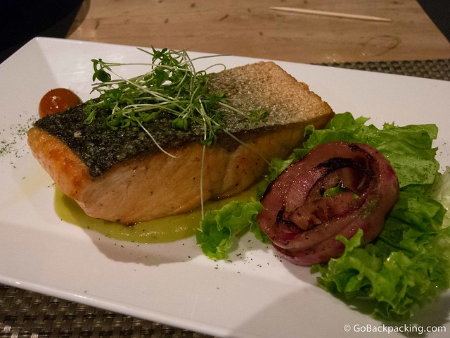 Giant salmon filet Giant salmon filet with microgreens and salad