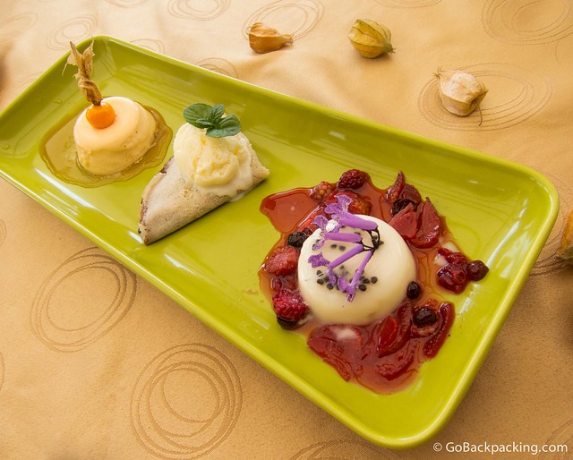 Dessert trio Sixth course (from left): uchuva panacotta, chocolate crepe with vanilla ice cream, and fruit panacotta with cardamom