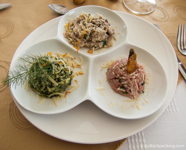 Risotto sampler Third Course (other option): small portions of mushroom, green, and seafood risottos