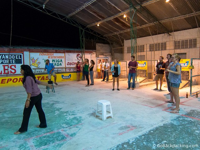 Playing tejo Hostel guests were split up into four teams, with two games going on simultaneously