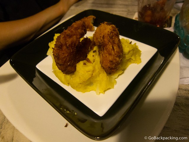 Coconut shrimp Coconut shrimp in a bed of pureed potatoes