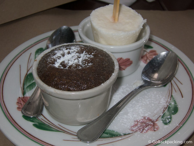 Chocolate cake Their version of a chocolate volcano cake, served with a vanilla ice cream popsicle